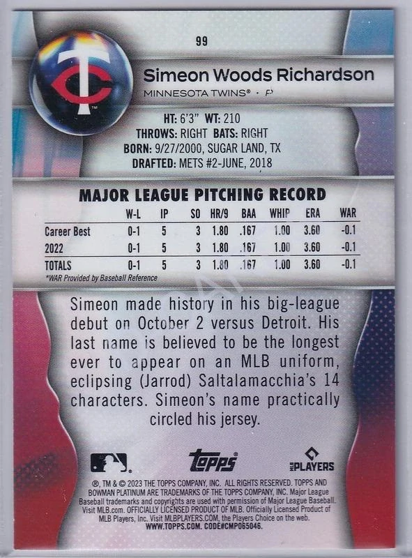 2023 Bowman Platinum Gold #99 Simeon Woods Richardson (Limit 41/50) RC