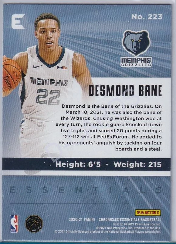 2020-21 Panini Chronicles #223 Desmond Bane/Essentials RC