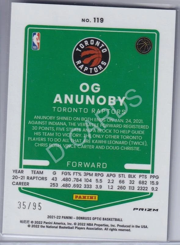 2021-22 Donruss Optic Fast Break Purple #119 OG Anunoby (Limit 35/95)