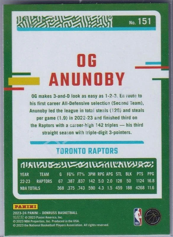 2023-24 Donruss Holo Blue Laser #151 OG Anunoby (Limit 09/49)