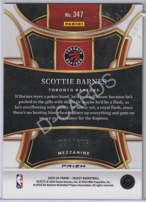 2023-24 Select Prizms Purple Flash #347 Scottie Barnes (Limit 004/175)