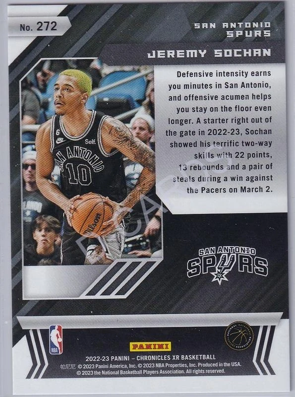 2022-23 Panini Chronicles Blue #272 Jeremy Sochan/XR (Limit 41/99) RC