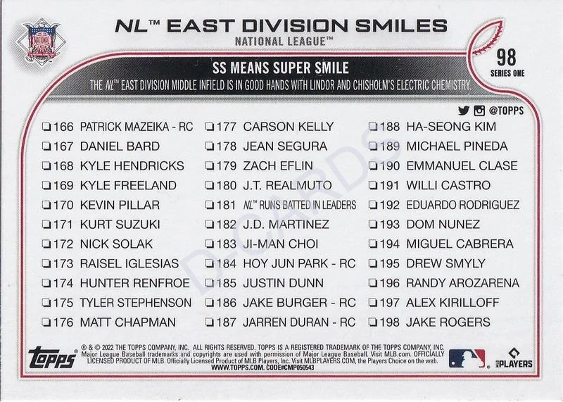 2022 Topps #98 NL East Division Smiles/Jazz Chisholm/Francisco Lindor