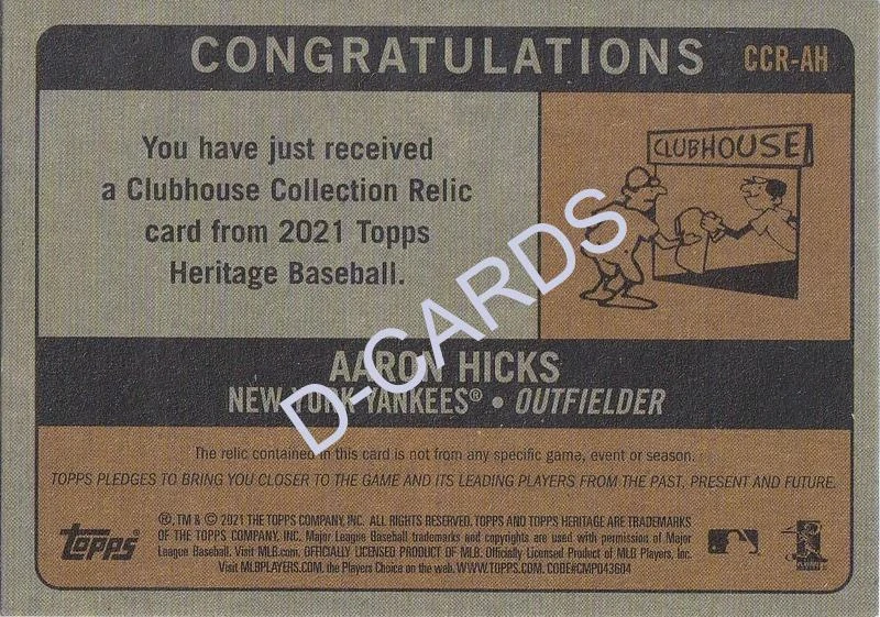 2021 Topps Heritage Clubhouse Collection Relics #CCRAH Aaron Hicks