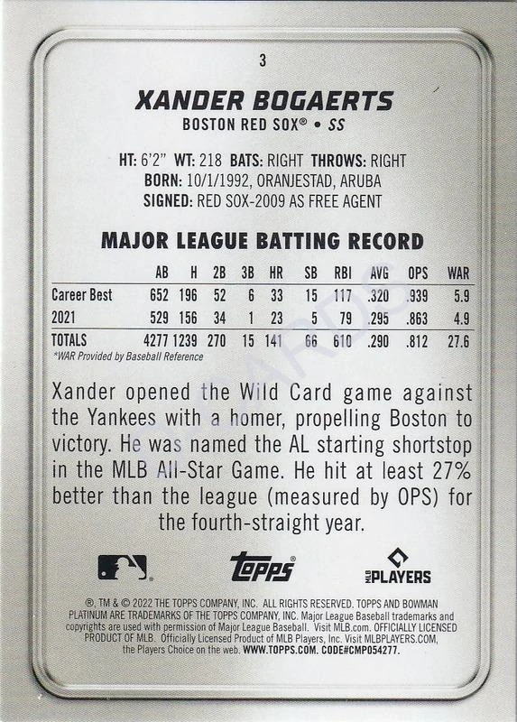2022 Bowman Platinum Ice #3 Xander Bogaerts