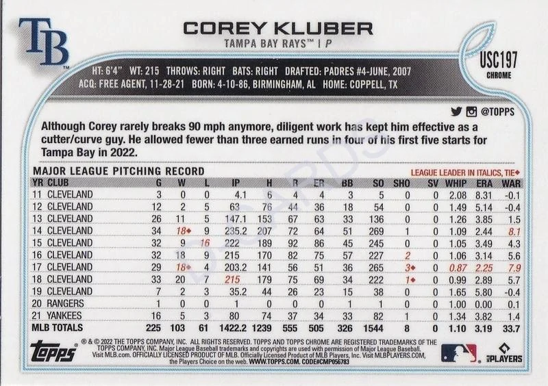 2022 Topps Chrome Update Purple Refractors #USC197 Corey Kluber