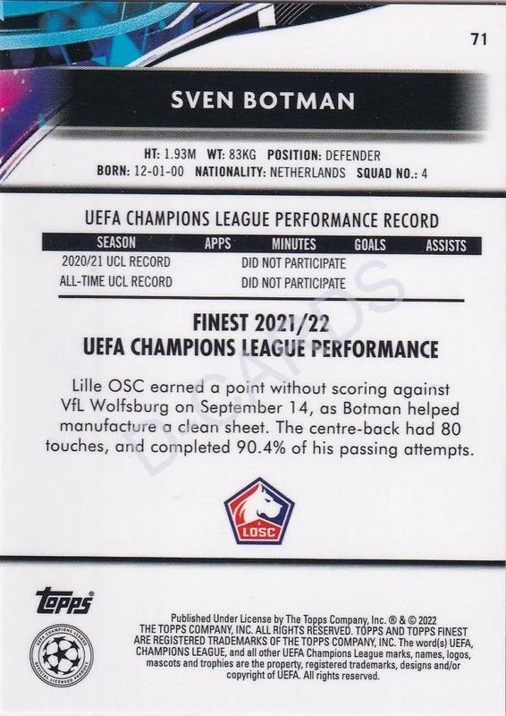 2021-22 Finest UEFA Champions League #71 Sven Botman RC