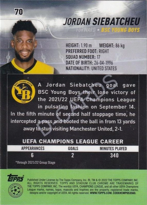 2021-22 Stadium Club Chrome UEFA Champions League #70 Jordan Siebatcheu RC