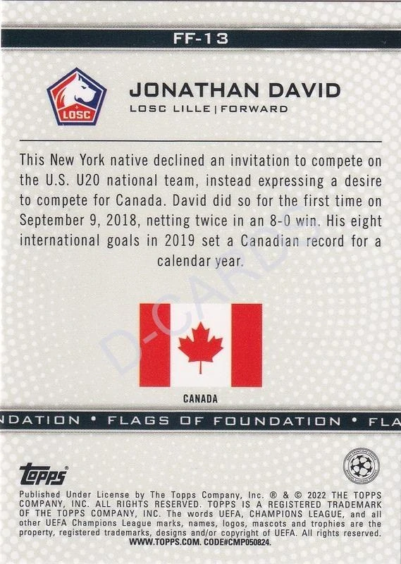 2021-22 Topps UEFA Champions League Flags of Foundation #FF13 Jonathan David RC