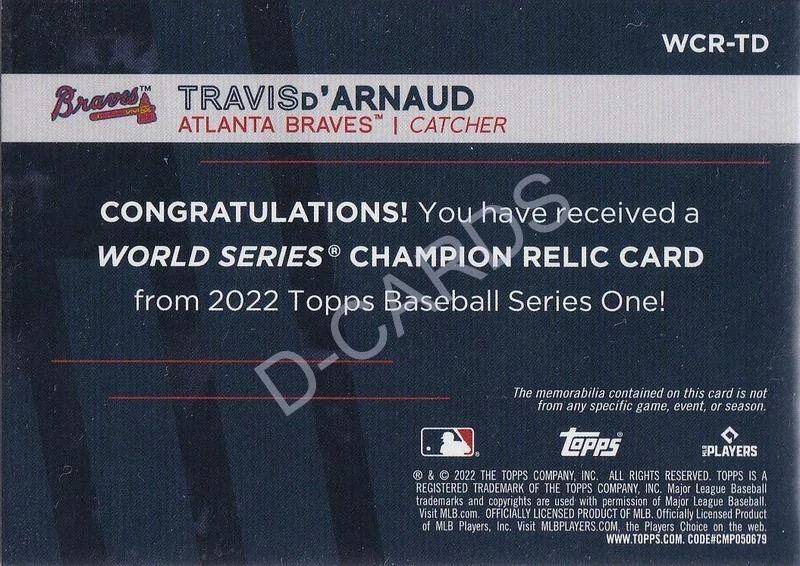2022 Topps World Champion Relics #WCRTD Travis d'Arnaud (Limit 76/99)
