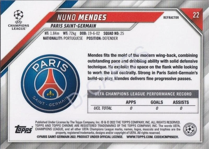 2021-22 Topps Chrome UEFA Champions League Refractors #22 Nuno Mendes RC