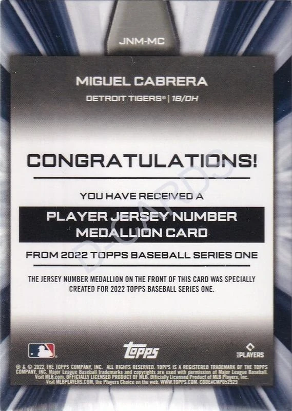 2022 Topps Commemorative Player Jersey Number Medallions #JNMMC Miguel Cabrera