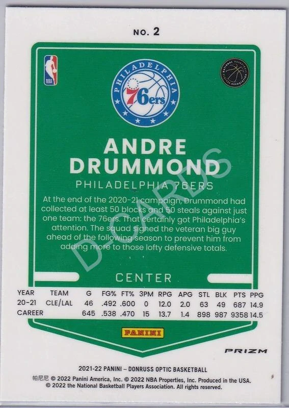 2021-22 Donruss Optic Blue Velocity #2 Andre Drummond