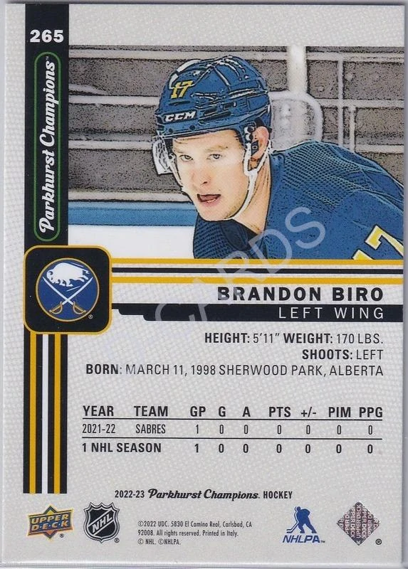 2022-23 Parkhurst Champions #265 Brandon Biro RC