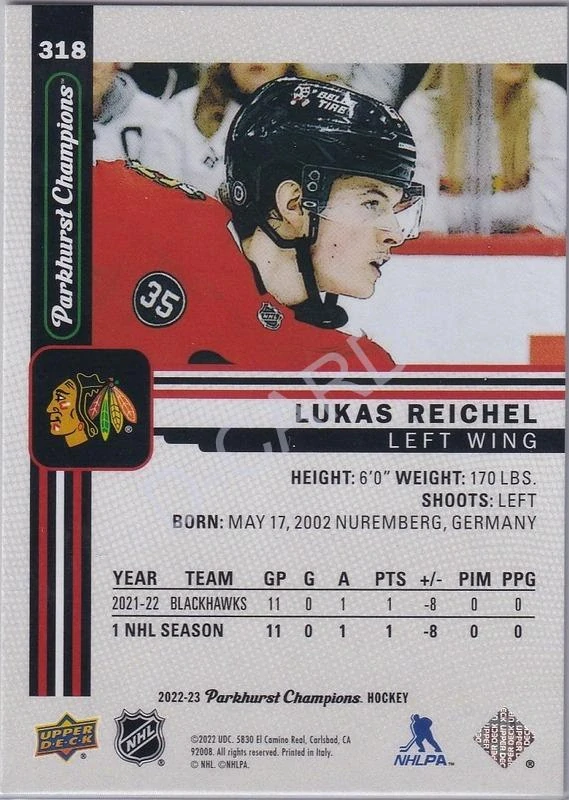 2022-23 Parkhurst Champions #318 Lukas Reichel SP RC