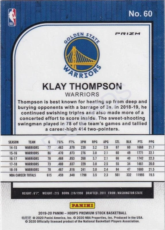 2019-20 Hoops Premium Stock Prizms Silver Mojo #60 Klay Thompson