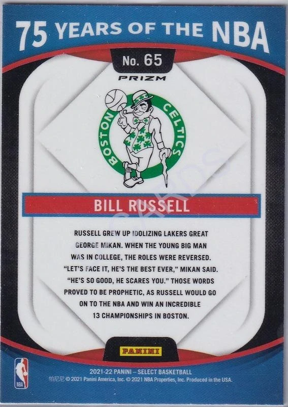 2021-22 Panini Select 75 Years of the NBA Prizms Silver #65 Bill Russell