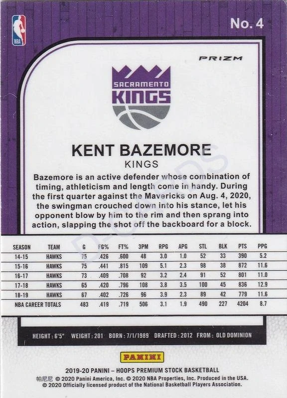 2019-20 Hoops Premium Stock Prizms Silver #4 Kent Bazemore