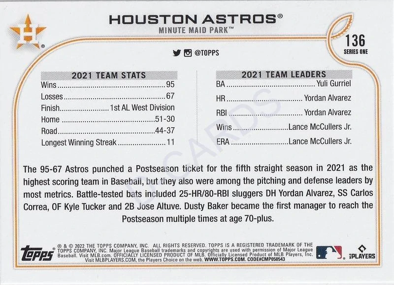 2022 Topps Rainbow Foil #136 Houston Astros Team Card