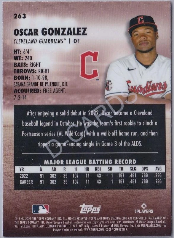 2023 Stadium Club Chrome Inserts Gold Mint #263 Oscar Gonzalez RC