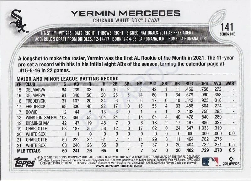 2022 Topps Gold Foil #141 Yermin Mercedes