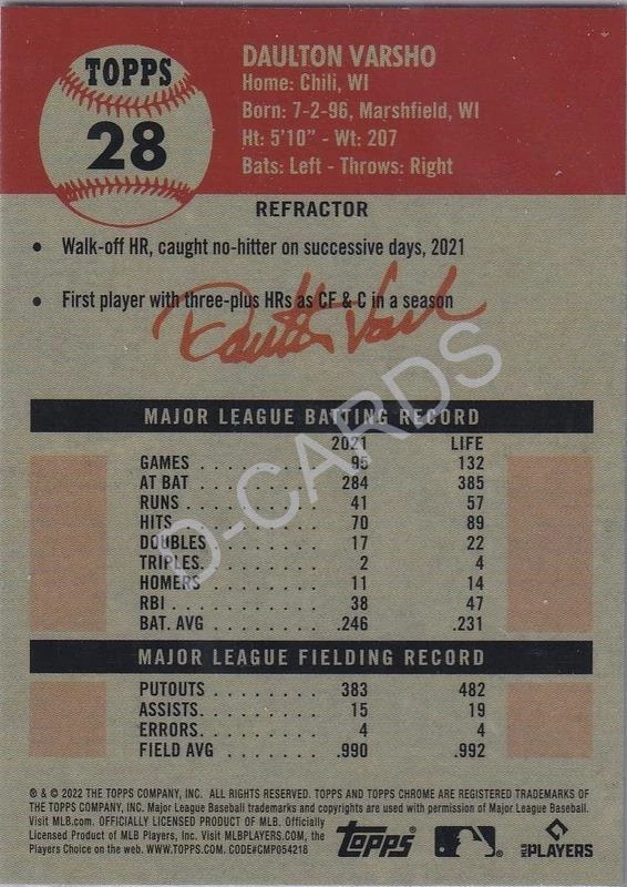 2022 Topps Chrome Platinum Anniversary Refractors #28 Daulton Varsho