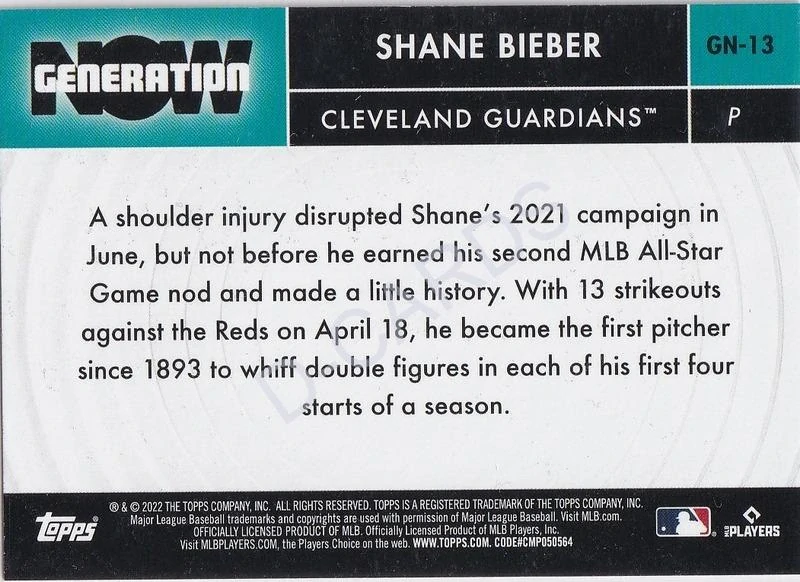 2022 Topps Generation Now #GN13 Shane Bieber