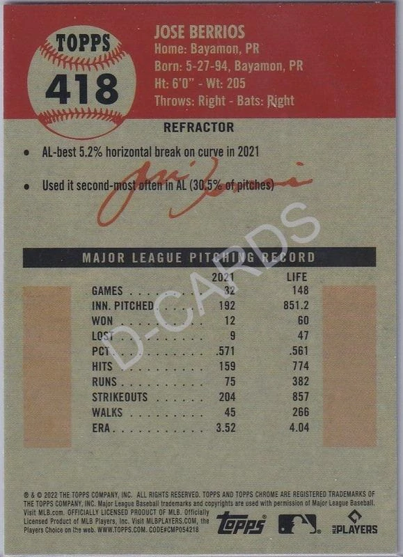 2022 Topps Chrome Platinum Anniversary Refractors #418 Jose Berrios