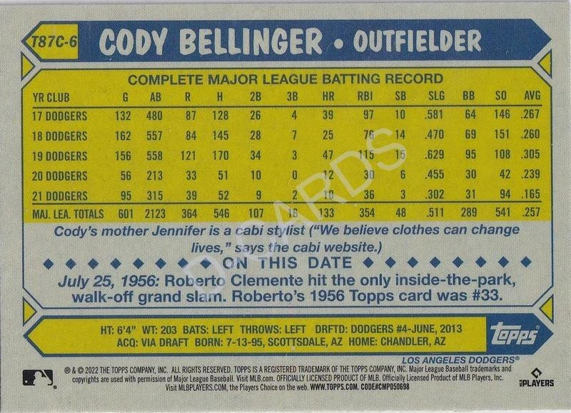 2022 Topps '87 Topps Silver Pack Chrome #T87C6 Cody Bellinger