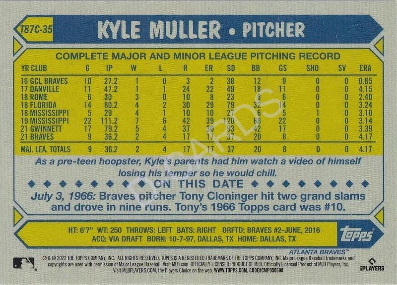 2022 Topps '87 Topps Silver Pack Chrome #T87C35 Kyle Muller