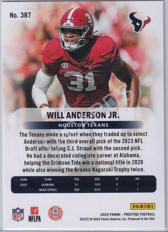 2023 Prestige #387 Will Anderson Jr. RC