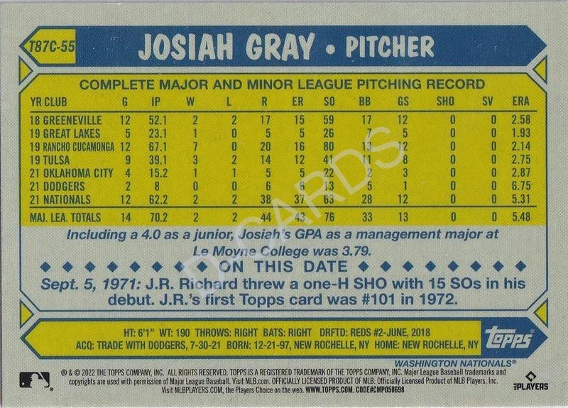 2022 Topps '87 Topps Silver Pack Chrome #T87C55 Josiah Gray
