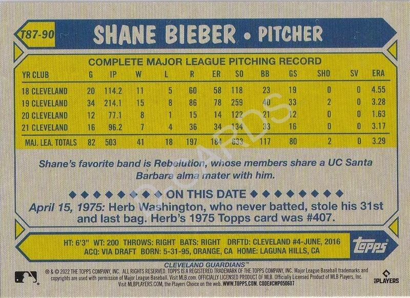 2022 Topps '87 Topps #T8790 Shane Bieber