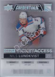  2021-22 Upper Deck Credentials Debut Ticket Access Acetate #DTANL Nils Lundkvist RC (Limit 194/249)